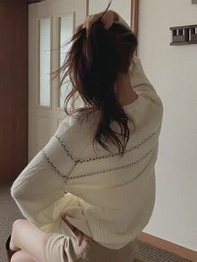 DAZY Women's Colorblock Pattern Jacquard Loose Long Sleeve Cable Knit Pullover Sweater, Casual Vacation Spring/Autumn - White - View 5
