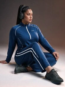 Powerista Women's Plus Size Navy Blue Color Performance Sports Jacket Flexible Zip Stand Collar With White Stripes For Running And Training - Navy Blue - View 5