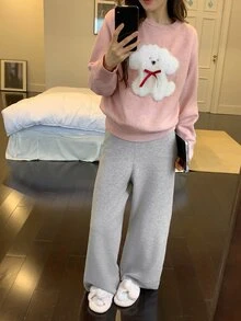 DAZY Autumn/Winter Knit Cute Puppy Pattern Loose Long Sleeve Top & Straight Leg Long Pajama Pants 2pcs Set Women's Sleepwear - Pink - View 8