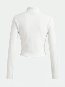 SHEIN Tween Girls Knit Black Stand Collar Long Sleeve Open Front Autumn Jacket - White - View 7