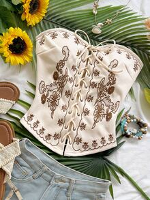 Soleia Plus Size Vacation Embroidered Criss-Cross Tie Straps Bandeau Top Winter - Apricot - View 4