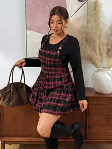 Lounesse Women's Plus Size Minimalist Long Sleeve Top And Plaid Romper Set - Multicolor - View 6