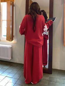 DAZY Autumn/Winter Soft & Cozy Floral Bow Half-Fleece 2 Pieces Pajama Set Loungewear For Women - Red - View 2