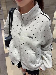 FRIFUL Women's Polka Dot Print Zip-Up Casual Loose Fit Sweatshirt Fall - Grey - View 4