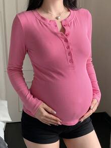 Dazy Maternity Solid Color Ribbed Elastic Slim Fit Long Sleeve Casual Daily Vacation Spring Autumn Maternity T-Shirt - Pink - View 5