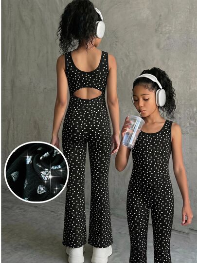 SHEIN 1pc Young Girl Young Girl Brown Knit Backless Tank Top Jumpsuit With Black Rhinestone Pattern, Casual Daily Versatile Fashion Streetwear, Sports, Suitable For Dancing, Indoor Sports Training, Stage Performance, Spring, Autumn, All Seasons Indoor