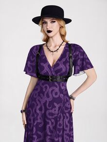 Breakform Blakeform Women's Gothic Style Summer Deep V-Neck Fitted Short Sleeve Black Snake Print Wrap Tie Long Slit Dress - Multicolor - View 7