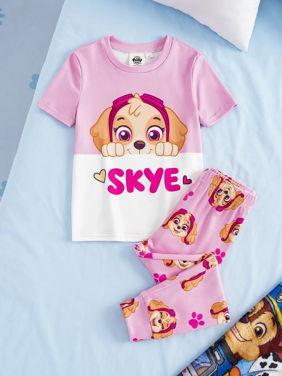 SHEIN | PAW Patrol 女童字母卡通印花短袖上衣與長褲休閒居家睡衣套裝 - 彩色 - 查看 1