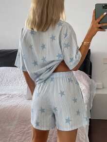 DAZY 2pcs/Set Women's Star Striped All-Over Print Loose Cardigan Short Sleeve Short Pajama Set - Blue - View 2