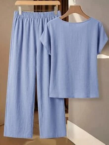 SHEIN Clasi Women's Summer Vacation Casual Versatile Shirt & Pants Set - Baby Blue - View 2