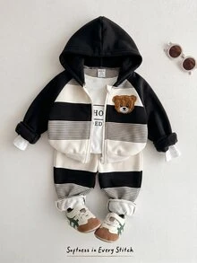 Cozy Pixies 嬰兒男孩女孩卡通熊圖案拼色長袖秋冬夾克彈性腰長褲 2 件套 刷毛內裡加厚冬季款 - 彩色 - 查看 3