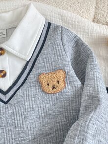 SHEIN Playful Pals 男嬰休閒紳士風 2 合 1 貼布繡 Polo 衫與長褲套裝 返校季 - 灰色 - 查看 5