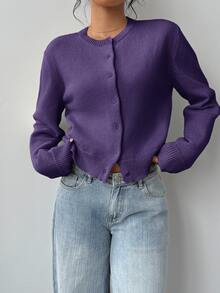 SHEIN Tall CURVE 大尺碼女款休閒純色圓領長袖寬鬆短版開襟針織外套 - 紫色 - 查看 4