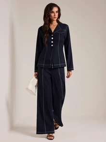 SHEIN Tall Women's Single-Breasted Long Sleeve Blazer And Pants Suit Set - Navy Blue - View 3