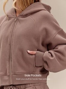 GLOWMODE Everyday Fleece Chilly Days Relaxed Hoodie Jacket With Ribbed Cuffs & Hem Waist-Length Daily Casual Fall Winter Wear - Mocha Brown - View 4