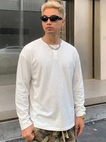 DAZY Spring/Autumn Long Sleeve Solid White Crew Neck Button Half-Placket Minimalist Korean Style Men's T-Shirt - Light Grey - View 8