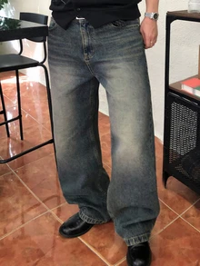 DAZY Spring/Autumn Gray-Blue Washed Distressed Loose Fit Plus Size Men's Jeans - Blue - View 3