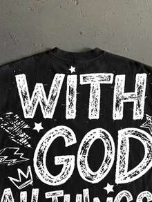 Manfinity ZONE917 American Retro Hip Hop Graffiti Prayer GOD Graphic Men's Standard Size Batwing Sleeve Cropped Loose Short Sleeve T-Shirt - Black - View 4