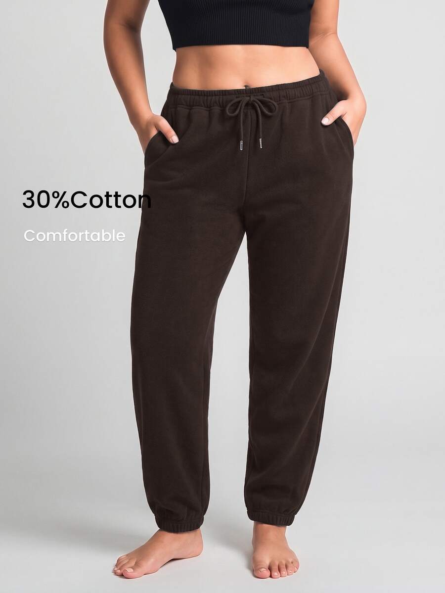 YARNWELL Celana Jogging Kasual Wanita Ukuran Besar Warna Polos dengan Tali Serut di Pinggang dan Kantong di Bagian Bawah - Coklat - View 1