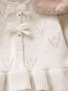 SHEIN 女嬰針織毛衣套裝，圓領長袖針織套頭衫與開襟外套，粉色純色，百搭時尚 + 針織喇叭長褲，適合秋冬，2件套，適合外出、旅行、上學 - 米色 - 查看 4