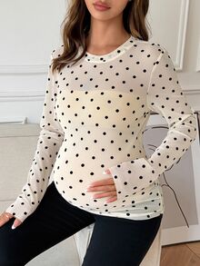 Dazy Maternity Polka Dot Mesh Slim Fit Long Sleeve Round Neck Casual Vacation Spring Autumn Maternity T-Shirt - Apricot - View 6