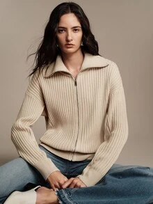Anewsta Essential Cardigan de Tricô de Gola Alta Estilo Francês de Alta Qualidade para Mulheres - Caqui - Visão 6