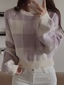 DAZY Women's Colorblock Plaid Loose Short Long Sleeve Crew Neck Casual Vacation Spring Autumn Knit Sweater - Purple - View 1