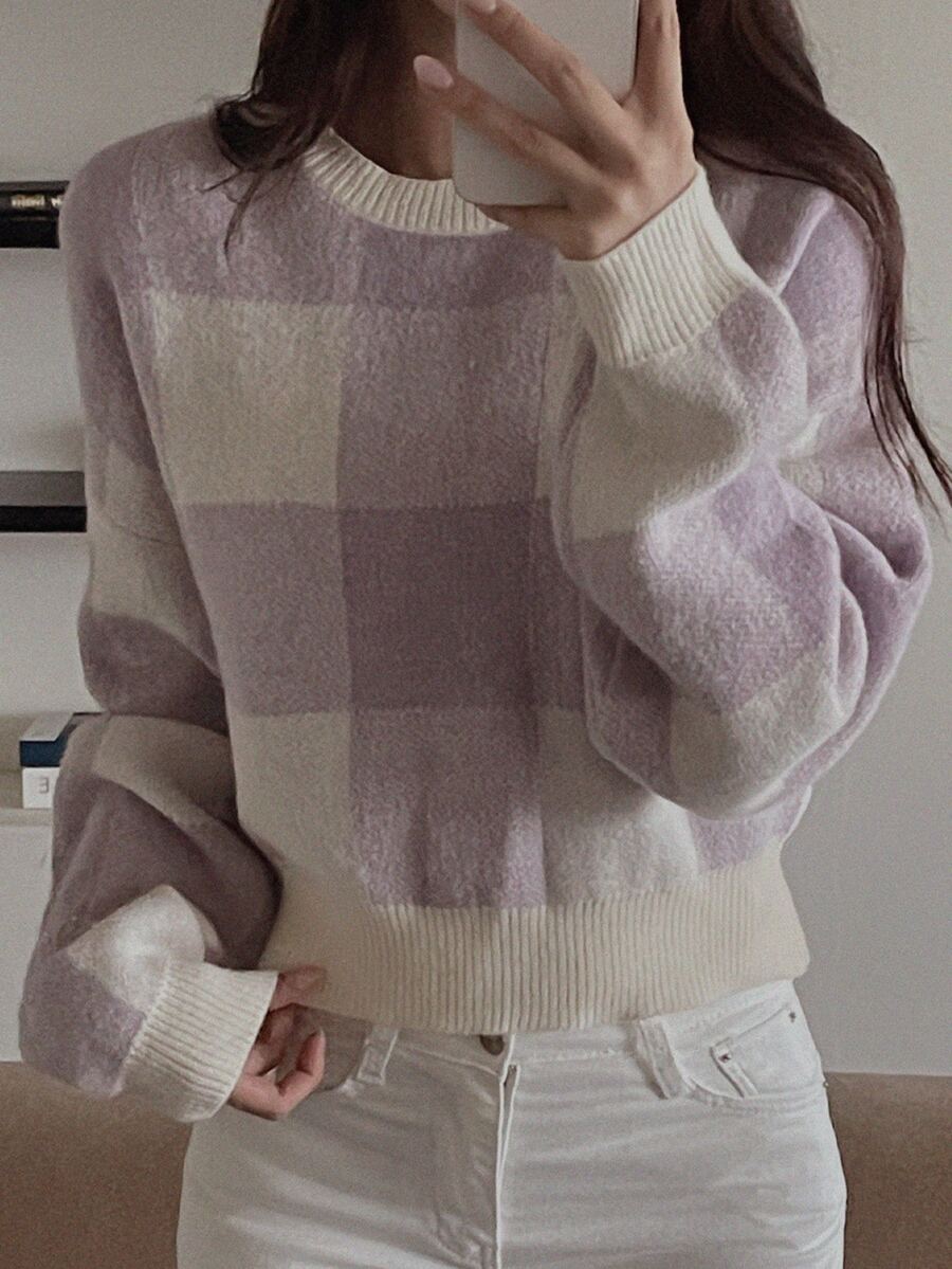 DAZY Women's Colorblock Plaid Loose Short Long Sleeve Crew Neck Casual Vacation Spring Autumn Knit Sweater - Purple - View 1