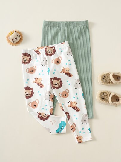 SHEIN Baby Boy Cartoon Dinosaur Pattern Knitted Soft Elastic Waist Long Pants 2 Pieces Set Versatile Comfortable
