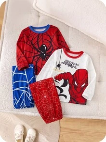 SHEIN Kids Young Boy Simple Solid Color Crew Neck Long Sleeve T-Shirt + Woven Plaid Pattern Loose Casual Pants 4-Piece Pajama Set, Soft Comfortable Casual Home Sleepwear Set 2 Pieces, Suitable For All Seasons - Multicolor - View 6