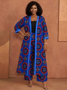 BrightlyHer Plus Size Floral Print Jacket And Loose Pants 2 Pieces Set Vacation Brunch Formal Vacation Blue And Yellow Autumn Boho Elegant Soft Form - Royal Blue - View 5