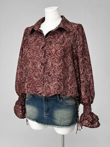 Franclia Plus Size Casual Vintage Single-Breasted Printed Shirt Fall - Brown - View 5