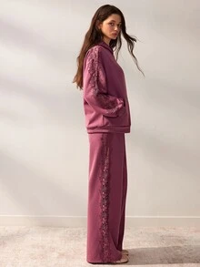 Willow Rêve Women's Purple Loose Straight Leg Patchwork Wide Leg Pants, Side Lace Trim With Drawstring Elastic Waist, Solid Color Casual Romantic Bohemian Style, Suitable For Autumn Vacation And Travel Outfits - Rose Red - View 3
