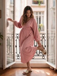 SHEIN Maternity Home Dress Loose Comfortable 100% Cotton - Dusty Pink - View 4