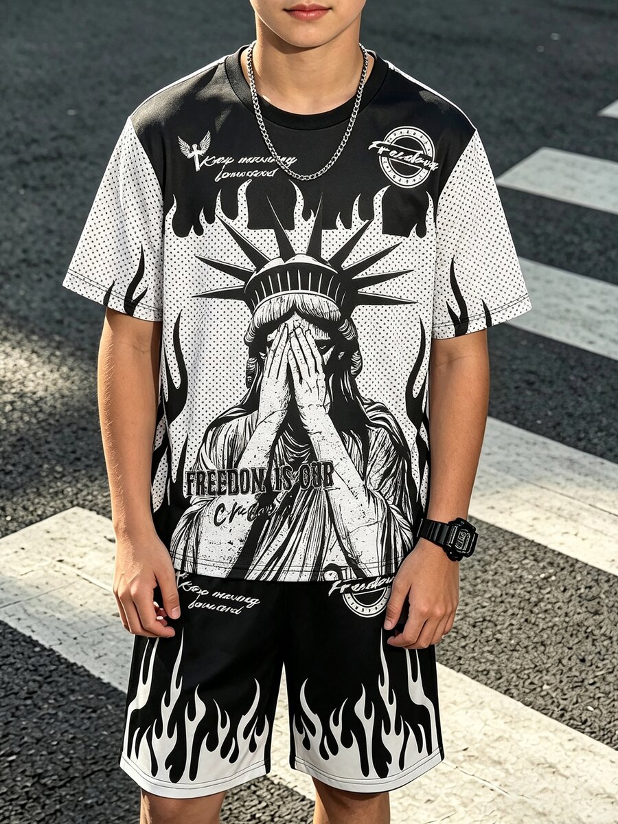 青少年男孩休閒龐克 Y2K 暗黑街頭風美式復古舒適時尚極簡圓領短袖 T 恤與短褲套裝,秋季運動穿搭 - 彩色 - 查看 1