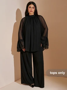 SHEIN BAE CURVE 大尺碼女款棕色長袖V領蕾絲飾邊上衣，喇叭袖上衣，優雅性感，適合約會、通勤、生日派對、外出 - 黑色 - 查看 6