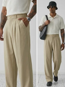 DAZY Spring/Autumn Commute Light Khaki Semi-Elastic Waist Slightly Loose Straight Leg Men's Pants - Khaki - View 7