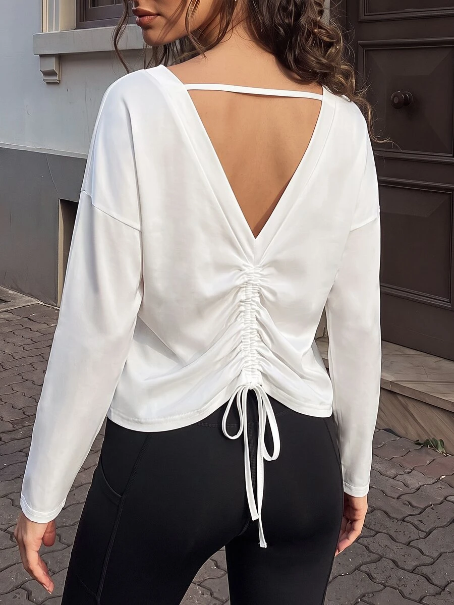 SHEIN PariChic Women's Elegant Comfortable Long Sleeve Loose Fit Back Hollow Drawstring Tie Design Yoga Sports Top - White - View 1