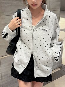 FRIFUL Women's Polka Dot Print Zip-Up Casual Loose Fit Sweatshirt Fall - Grey - View 8