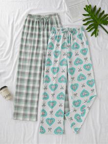 SHEIN Women Cotton 2 Pcs Fake Drawstring Solid Color Sleep Pants Home Wear Comfort Set - Multicolor - View 2