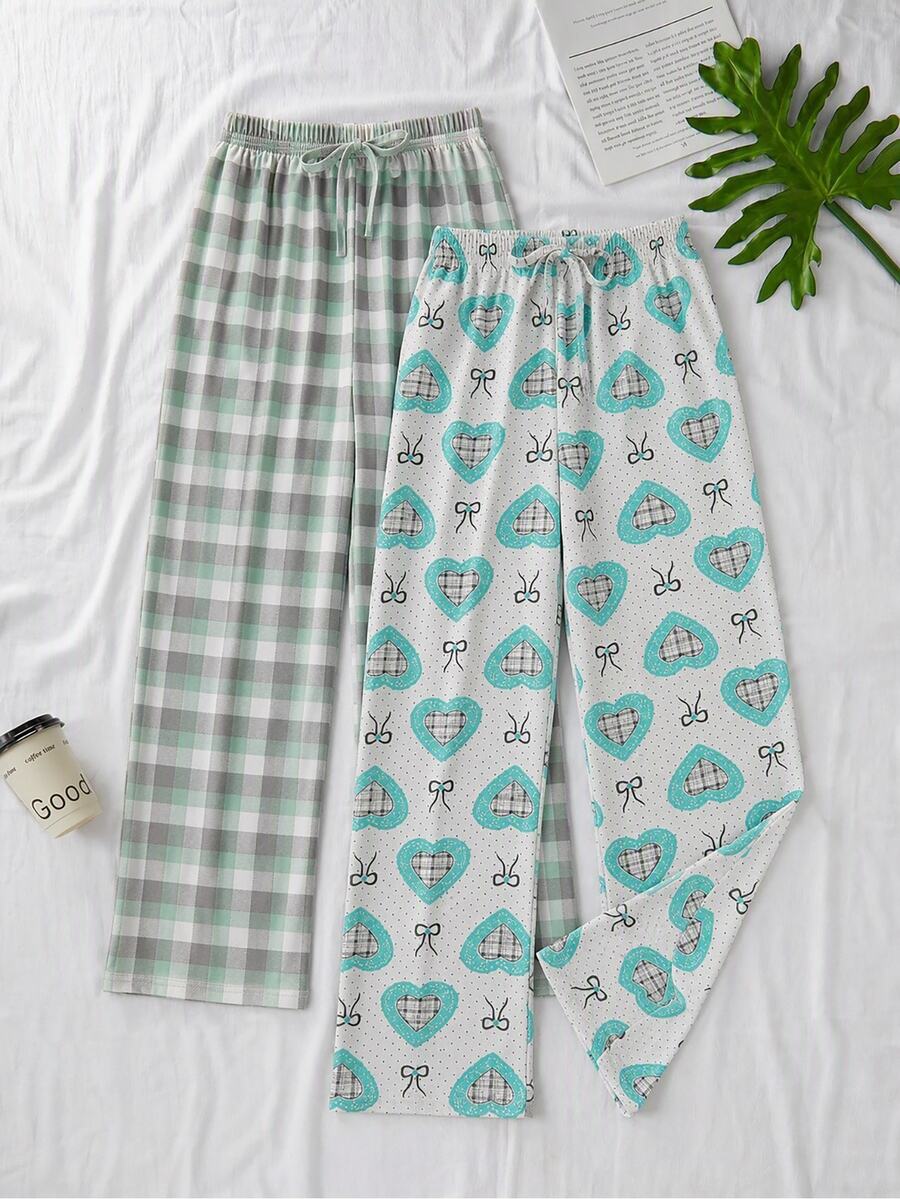SHEIN Cottnline Women Cotton 2 Pcs Fake Drawstring Solid Color Sleep Pants Home Wear Comfort Set