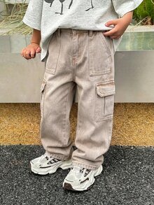 SHEIN 兒童小男孩休閒日常穿著工裝牛仔長褲，附口袋與鈕扣 - 卡其色 - 查看 7