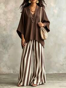 Selamara Women's Solid Color Batwing Sleeve Top & Striped Long Pants 2 Pieces Set - Multicolor - View 3