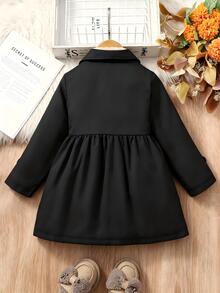 SHEIN Elladie kids 1件女孩冬季外套，卡其色，保暖內裡，雙排扣領，時尚夾克，適合日常休閒穿著 - 黑色 - 查看 2