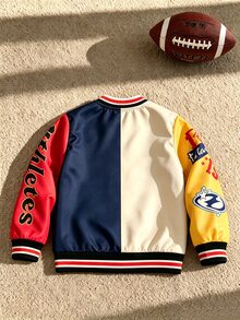 SHEIN 小男孩運動休閒棒球夾克，字母數字印花，長袖，適合日常穿著、運動、觀賽，4-7歲，秋季 - 彩色 - 查看 2