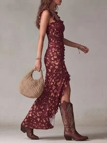 Glimmora Gaun Wanita Fashion dengan Hiasan Renda Berkerut dan Tali Bahu Tipis, Motif Penuh - Burgundy - View 3