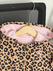 SHEIN 女童棕色豹紋連帽冬季外套，中長版保暖內裡夾克，粉色兔耳刺繡馬尾抽褶加厚外套 - 棕色 - 查看 7