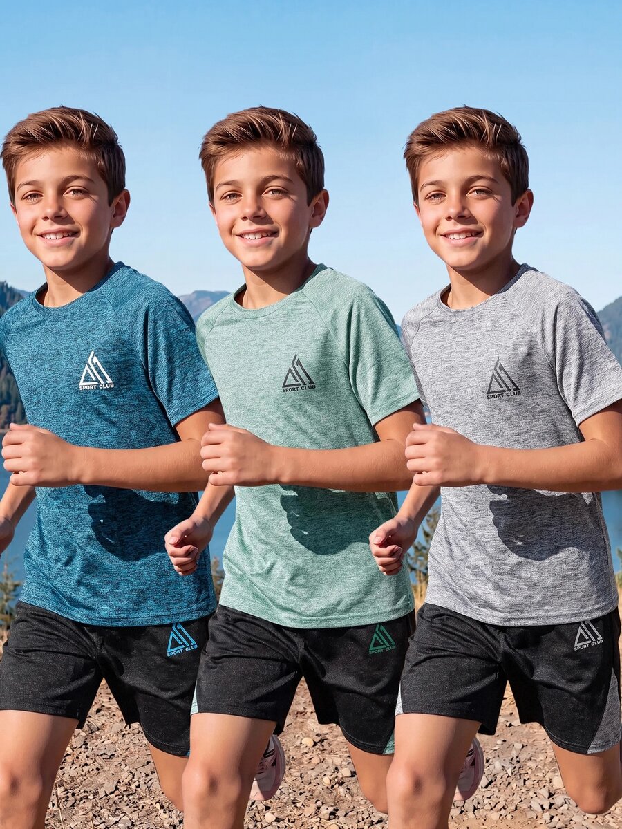 SHEIN Tween Boy Patchwork Geometric Pattern T-Shirt And Shorts 2 Pieces Sports Outfit - Blue - View 1