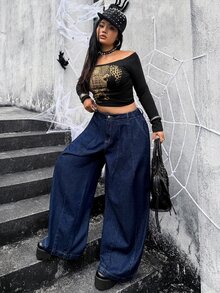 Jeanoix Plus Size Women's Casual Denim Wide Leg Pants With Pockets - Blue - View 6
