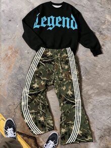 SHEIN 小男孩秋季新款休閒極簡寬鬆舒適圓領衛衣與喇叭褲兩件套，適合秋冬穿著 - 彩色 - 查看 3